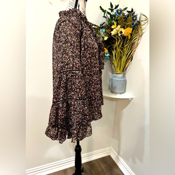 Buddy Love Brown and Cream Ruffled 3/4 Bell flowy Sleeves sheerBlouse size Med - Picture 3 of 10